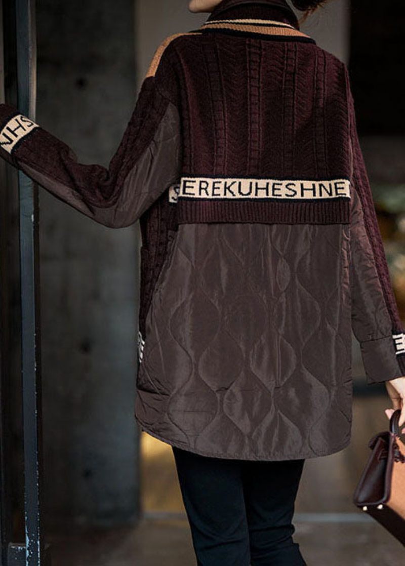 Elegant Chokolade Peter Pan Krave Strik Patchwork Fin Bomuld Fyldt Skjorte Top Vinter - Dame dunjakker