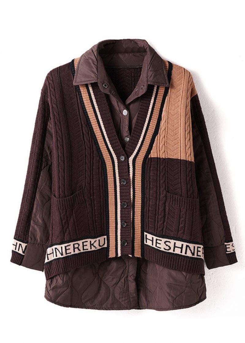 Elegant Chokolade Peter Pan Krave Strik Patchwork Fin Bomuld Fyldt Skjorte Top Vinter - Dame dunjakker
