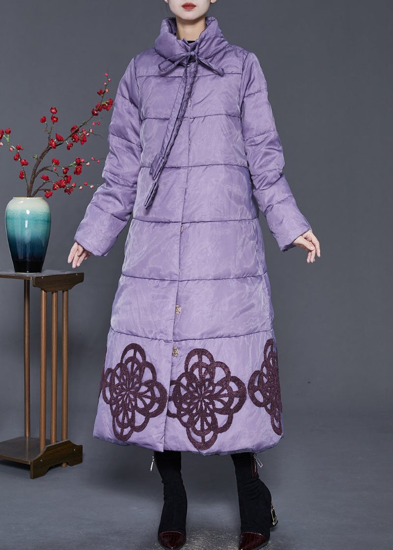 Elegant Lilla Broderet Andedunsfrakke Vinter