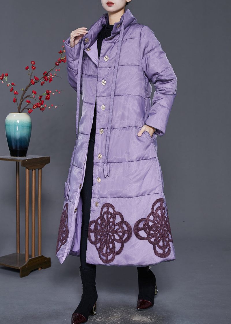 Elegant Lilla Broderet Andedunsfrakke Vinter - Dame dunjakker
