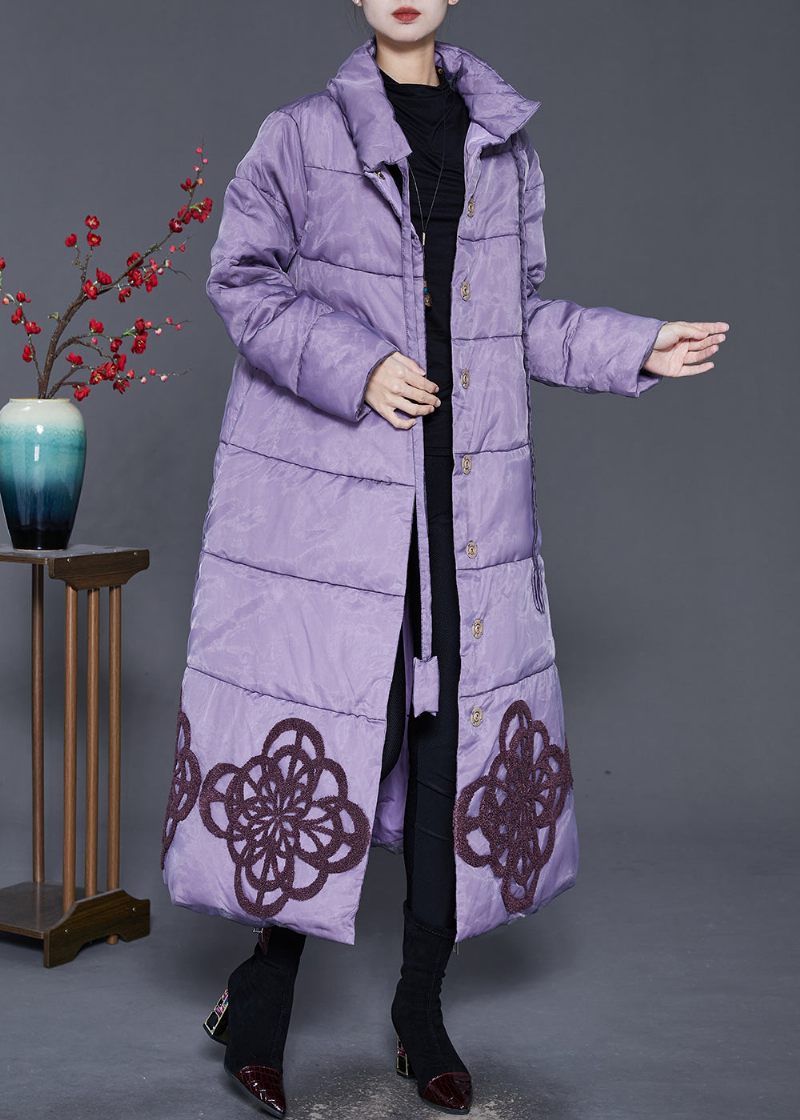 Elegant Lilla Broderet Andedunsfrakke Vinter - Dame dunjakker