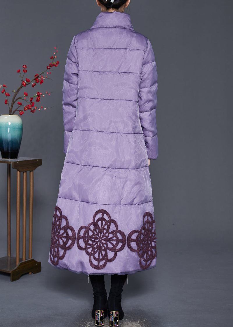 Elegant Lilla Broderet Andedunsfrakke Vinter - Dame dunjakker