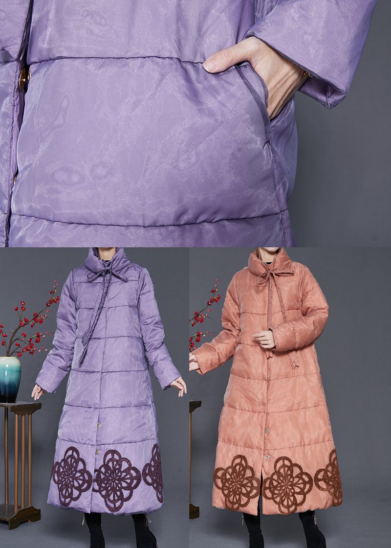 Elegant Lilla Broderet Andedunsfrakke Vinter - Dame dunjakker