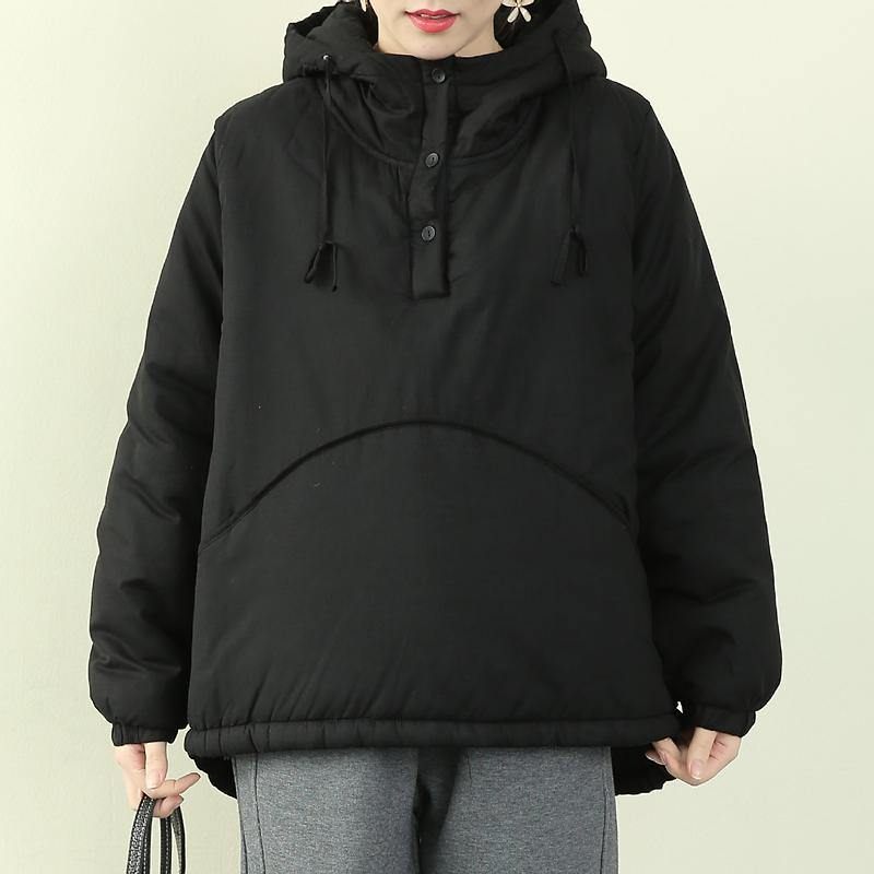 Elegant Sort Dameparka Plus Size Snejakker Frakker Med Hætte Og Snøre