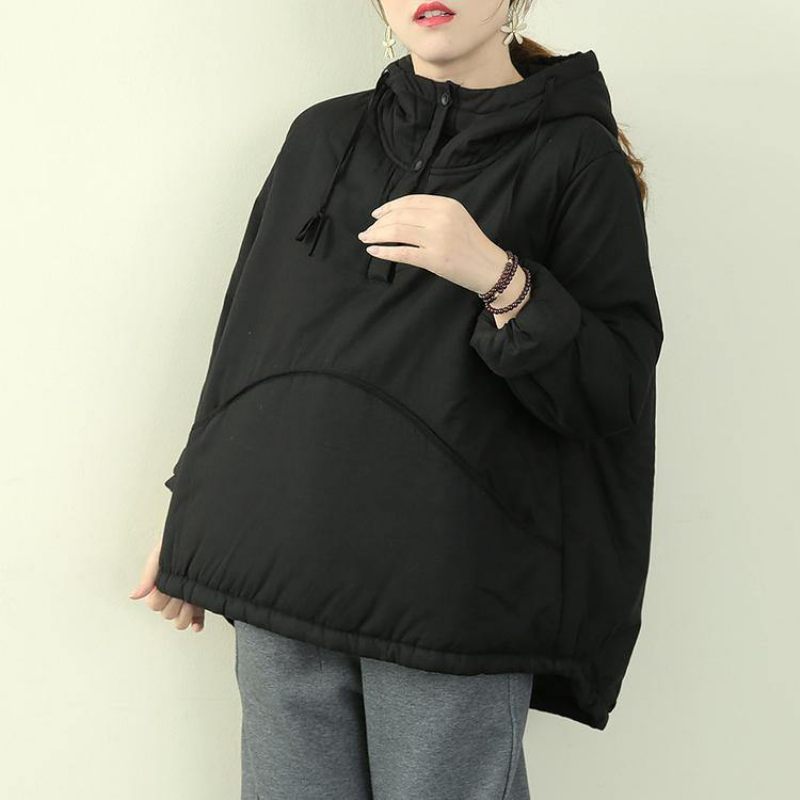 Elegant Sort Dameparka Plus Size Snejakker Frakker Med Hætte Og Snøre - Sort