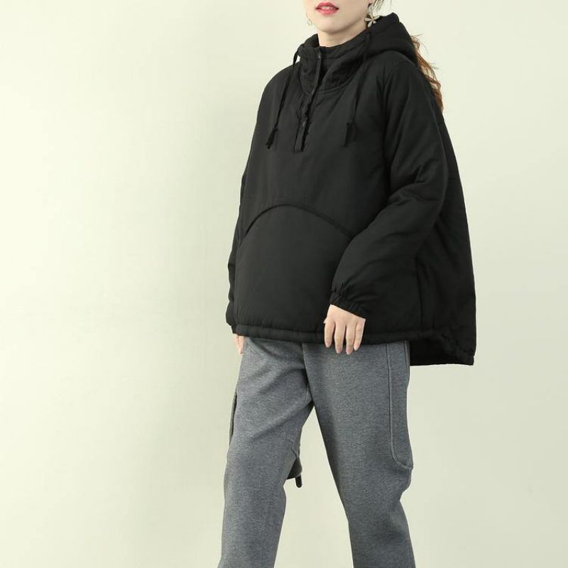 Elegant Sort Dameparka Plus Size Snejakker Frakker Med Hætte Og Snøre - Sort