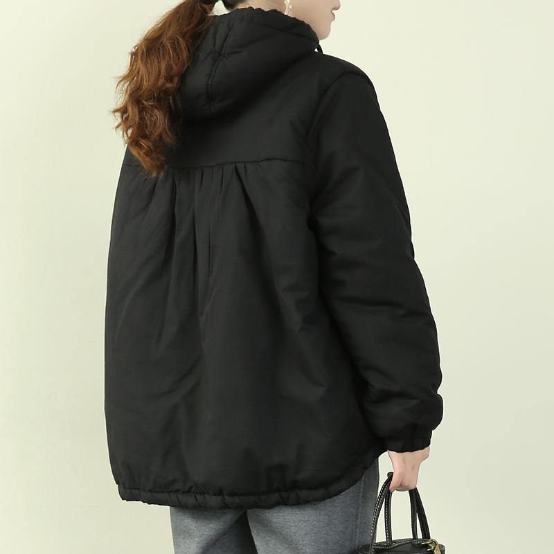 Elegant Sort Dameparka Plus Size Snejakker Frakker Med Hætte Og Snøre - Sort