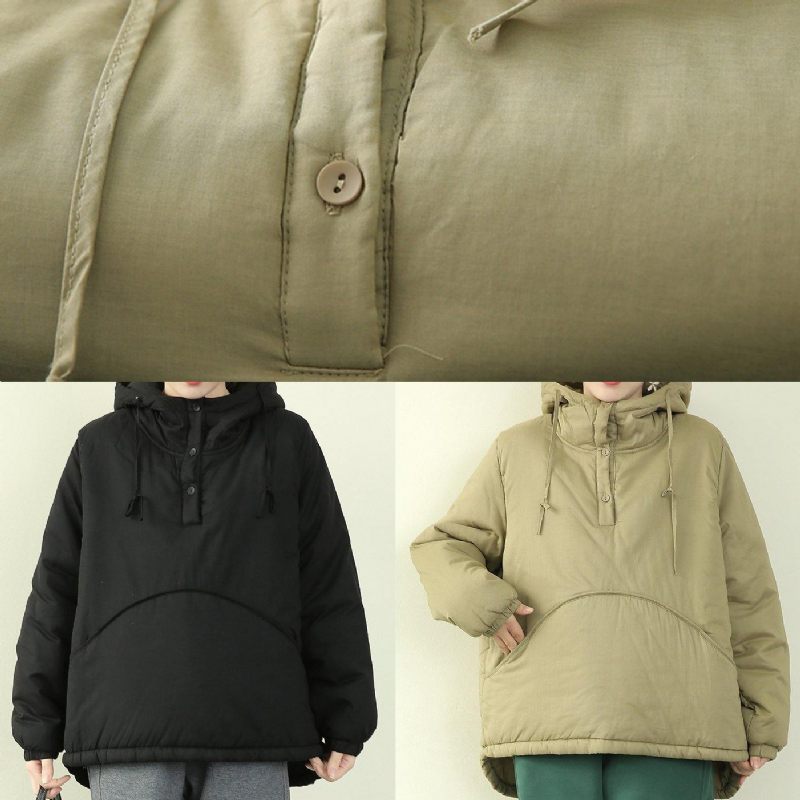 Elegant Sort Dameparka Plus Size Snejakker Frakker Med Hætte Og Snøre - Sort