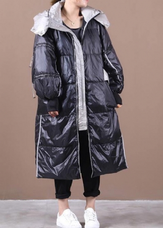 Elegant Sort Dunjakke Kvinde Plus Størrelse Patchwork Med Hætte Luksus Vinter Outwear
