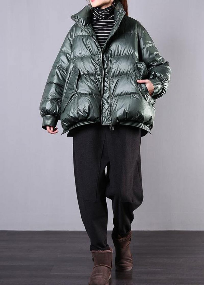 Elegant Sortgrøn Varm Vinterfrakke Trendy Plus Size Standkrave Med Lynlås Casual Jakker - Dame dunjakker