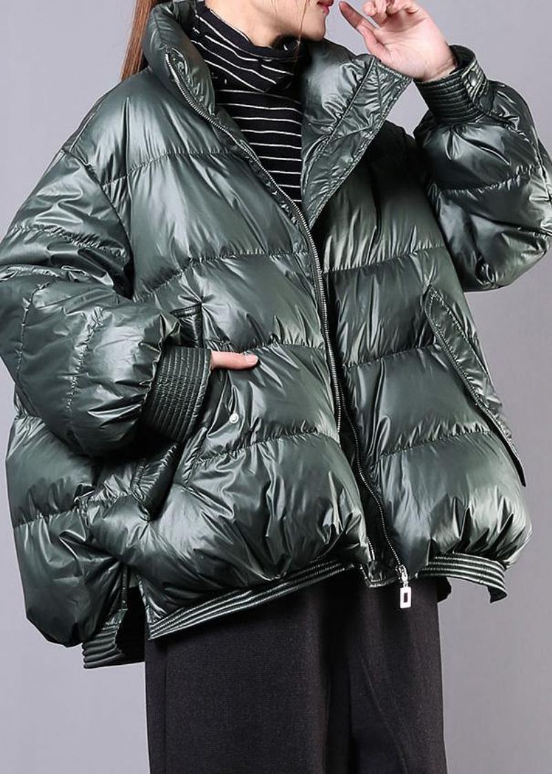 Elegant Sortgrøn Varm Vinterfrakke Trendy Plus Size Standkrave Med Lynlås Casual Jakker - Dame dunjakker