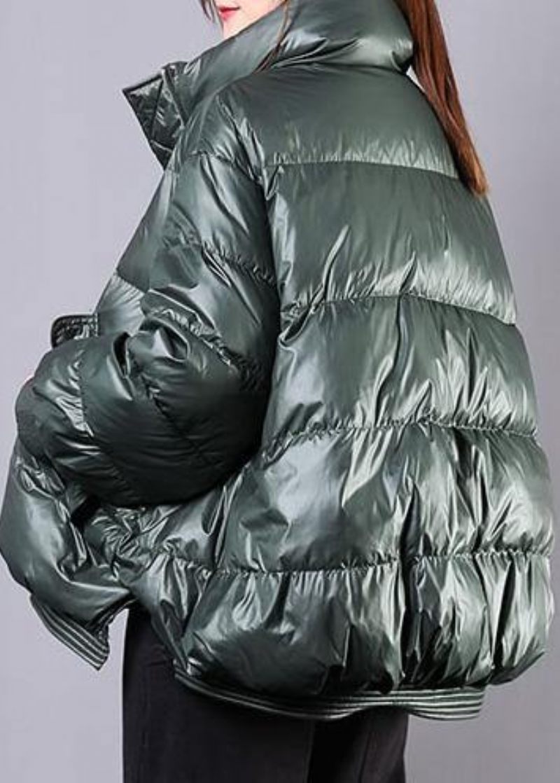 Elegant Sortgrøn Varm Vinterfrakke Trendy Plus Size Standkrave Med Lynlås Casual Jakker - Dame dunjakker