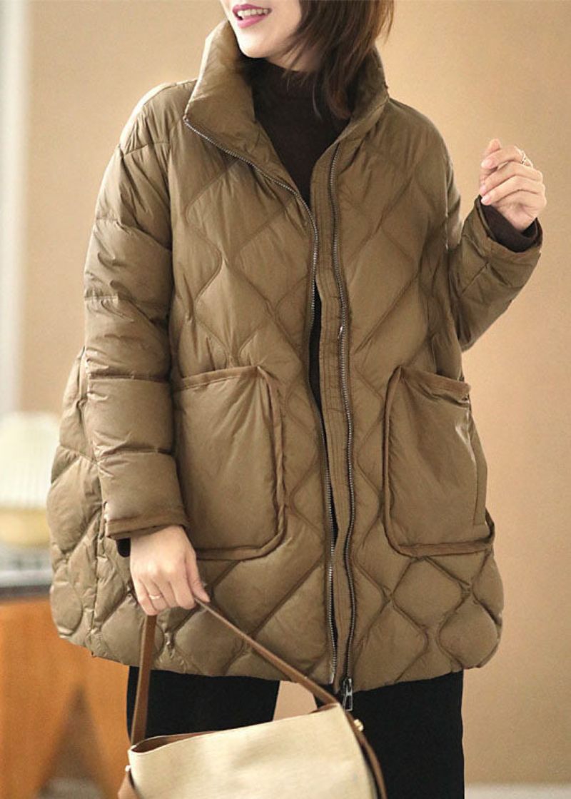 Fin Khaki Zip Up Oversized Tykke Store Lommer Andedun Pufferjakke Vinter