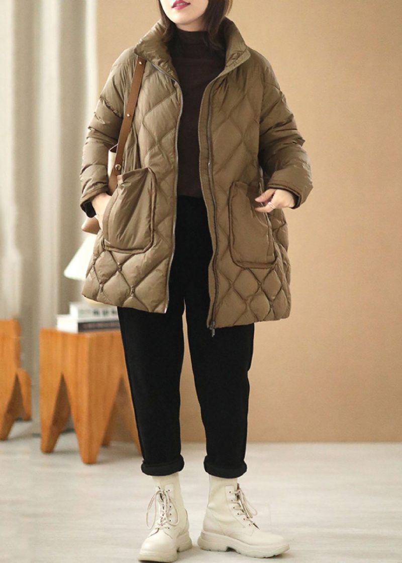 Fin Khaki Zip Up Oversized Tykke Store Lommer Andedun Pufferjakke Vinter - Dame dunjakker