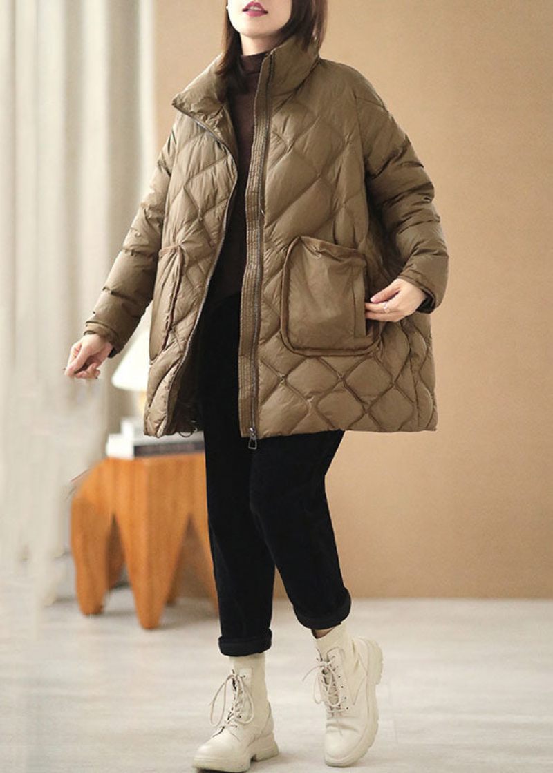 Fin Khaki Zip Up Oversized Tykke Store Lommer Andedun Pufferjakke Vinter - Dame dunjakker