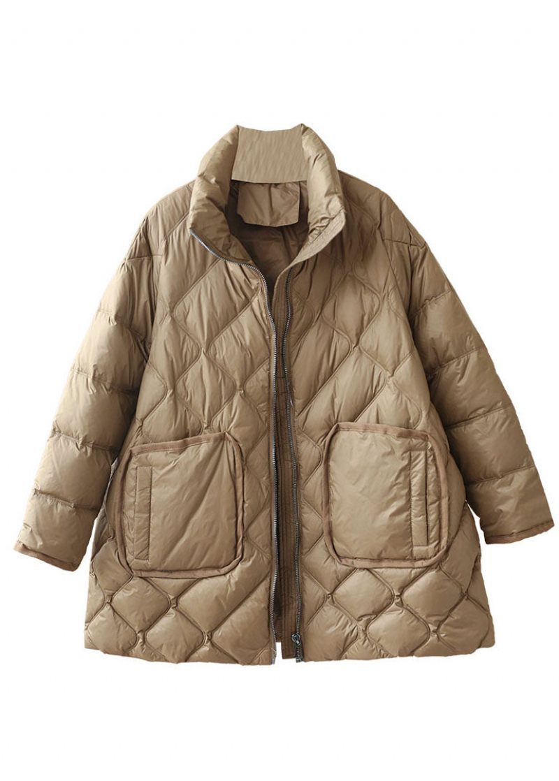 Fin Khaki Zip Up Oversized Tykke Store Lommer Andedun Pufferjakke Vinter - Dame dunjakker