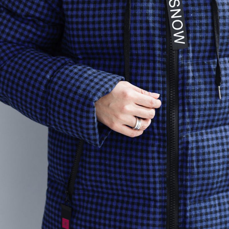 Fine Blå Plaid Vinterparkaer Plus Size Snejakker Med Hætte Elegante Tykke Vinterfrakker - Dame dunjakker