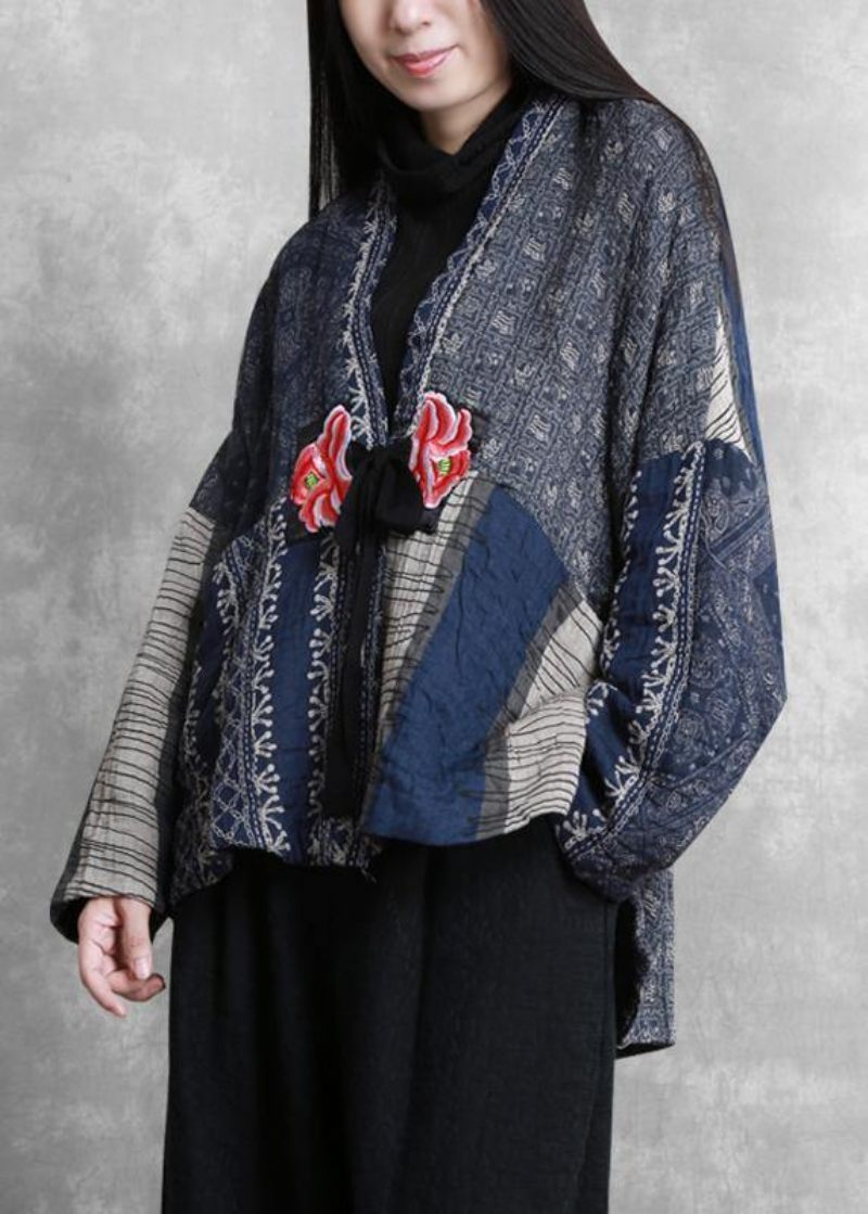 Fine Oversize Vinterfrakker Blå Print V-hals Patchwork Damefrakker