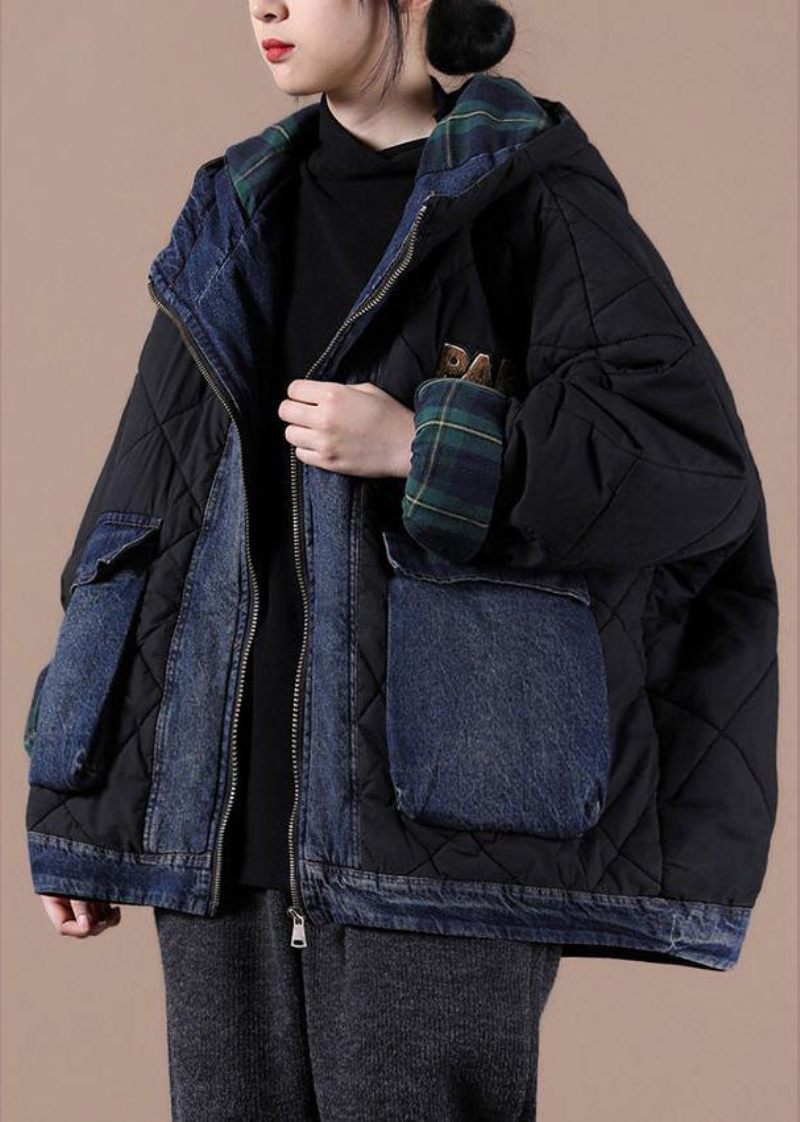Fine Sorte Parkaer Til Kvinder Løstsiddende Snejakker Med Hætte Patchwork Plaid Vinter Outwear - Sort