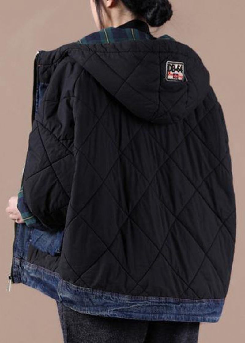 Fine Sorte Parkaer Til Kvinder Løstsiddende Snejakker Med Hætte Patchwork Plaid Vinter Outwear - Sort