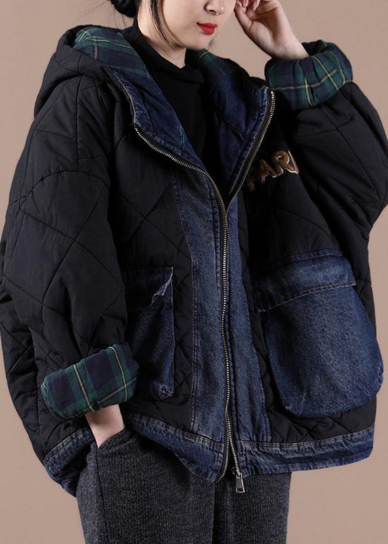 Fine Sorte Parkaer Til Kvinder Løstsiddende Snejakker Med Hætte Patchwork Plaid Vinter Outwear - Sort