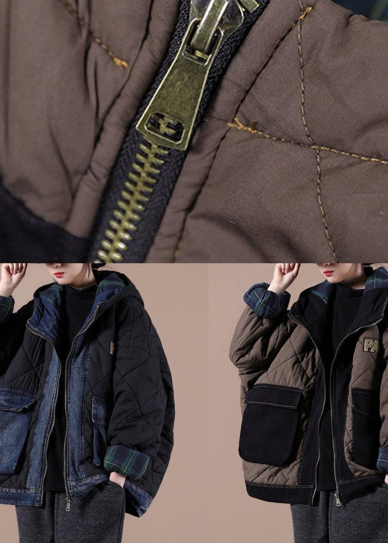 Fine Sorte Parkaer Til Kvinder Løstsiddende Snejakker Med Hætte Patchwork Plaid Vinter Outwear - Sort