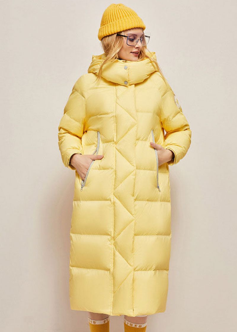 Italiensk Gul Hætte Patchwork Andedun Puffers Jakker Vinter - Gul