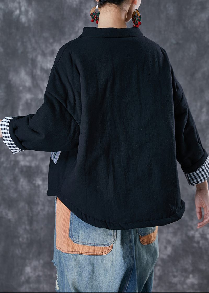 Italiensk Sort Oversized Patchwork Fin Bomuld Fyldt Pufferjakke Vinter - Dame dunjakker