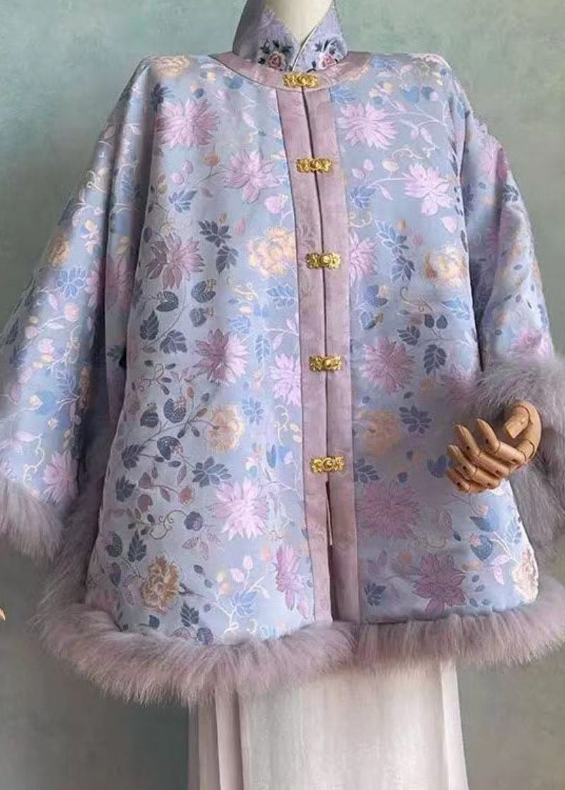 Kinesisk Stil Lilla Stand Krave Print Teddy Patchwork Varm Fleece Top Vinter - Dame dunjakker