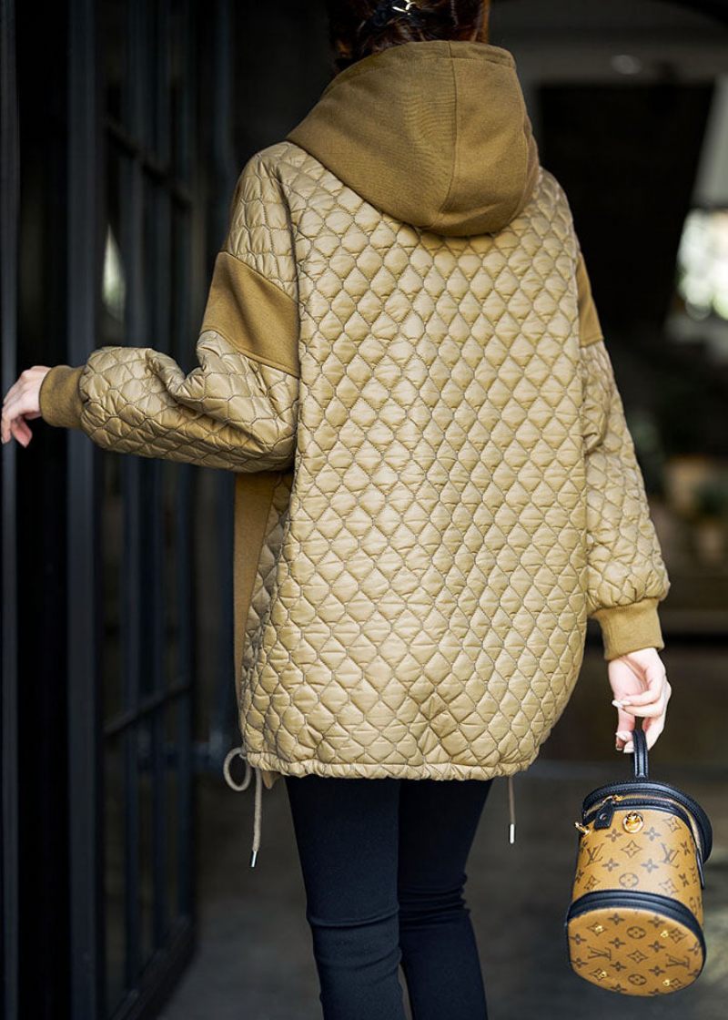 Kunst Gul Hætte Snøre Patchwork Fin Bomuld Fyldt Sweatshirts Top Vinter - Dame dunjakker