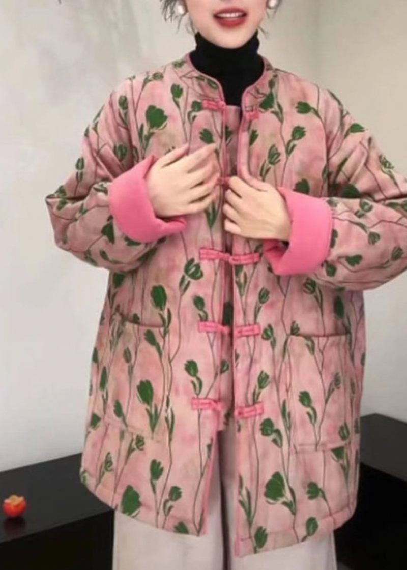 Kvinder Pink Stand Krave Lommer Print Fine Bomuld Fyldt Frakke Vinter - Dame dunjakker