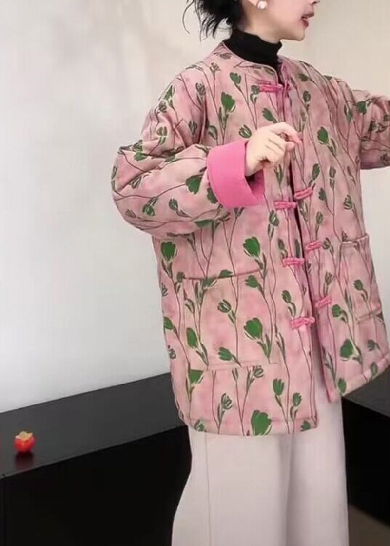 Kvinder Pink Stand Krave Lommer Print Fine Bomuld Fyldt Frakke Vinter - Dame dunjakker