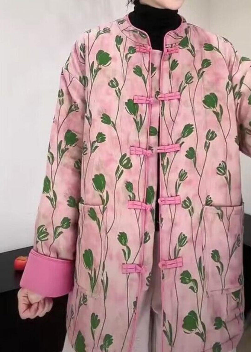 Kvinder Pink Stand Krave Lommer Print Fine Bomuld Fyldt Frakke Vinter - Dame dunjakker