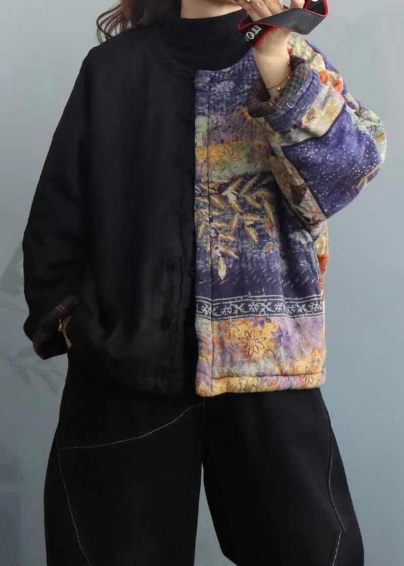 Løs Sort Asymmetrisk Print Patchwork Bomuld Frakker Efterår