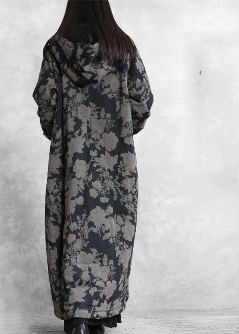Luksus Plus Size Snefrakker Sort Print Hætte Button Down Parka Til Kvinder - Dame dunjakker