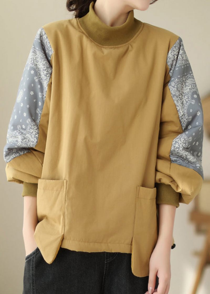 Moderne Gule Hign-halslommer Patchwork Fin Bomuldsfyldt Top Vinter - Dame dunjakker