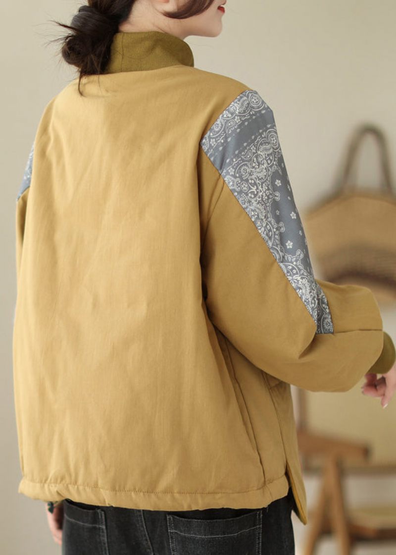 Moderne Gule Hign-halslommer Patchwork Fin Bomuldsfyldt Top Vinter - Dame dunjakker