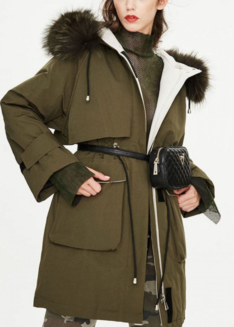 Moderne Hærgrøn Pelskrave Lommer Binde Taljen Winter Duck Down Puffer Coat