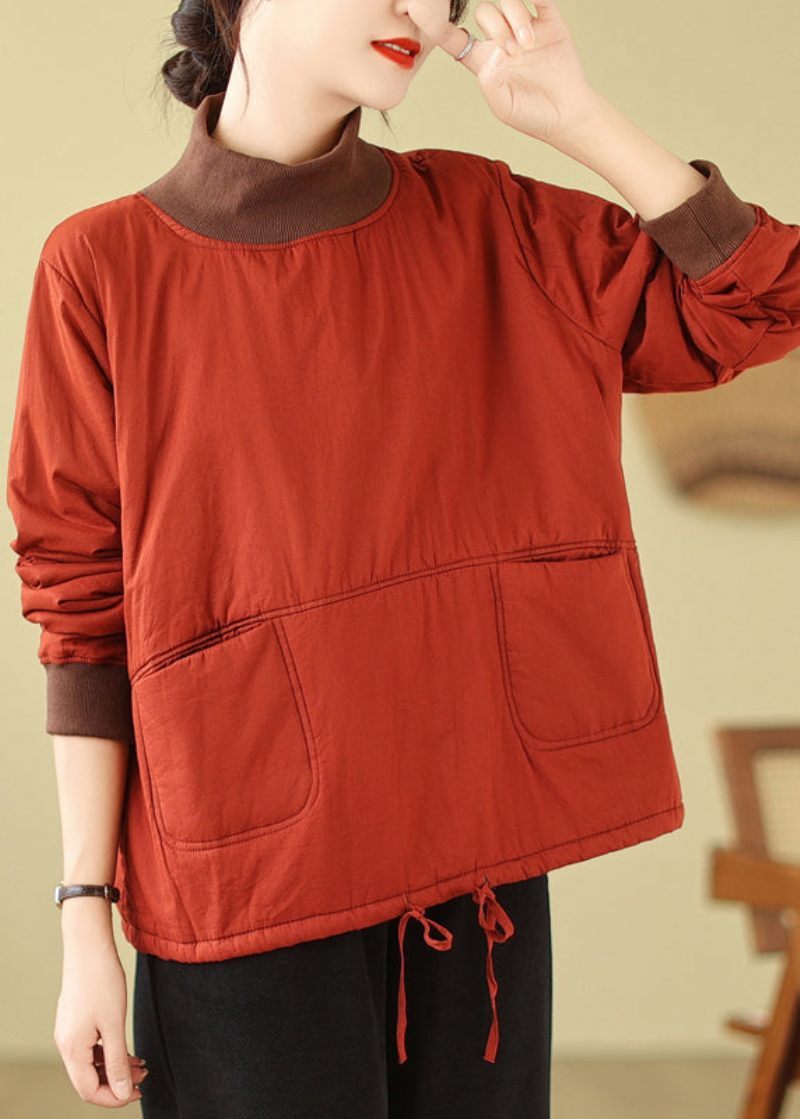 Orange Lommer Patchwork Fin Bomuldsfyldt Pullover Streetwear Vinter - Dame dunjakker