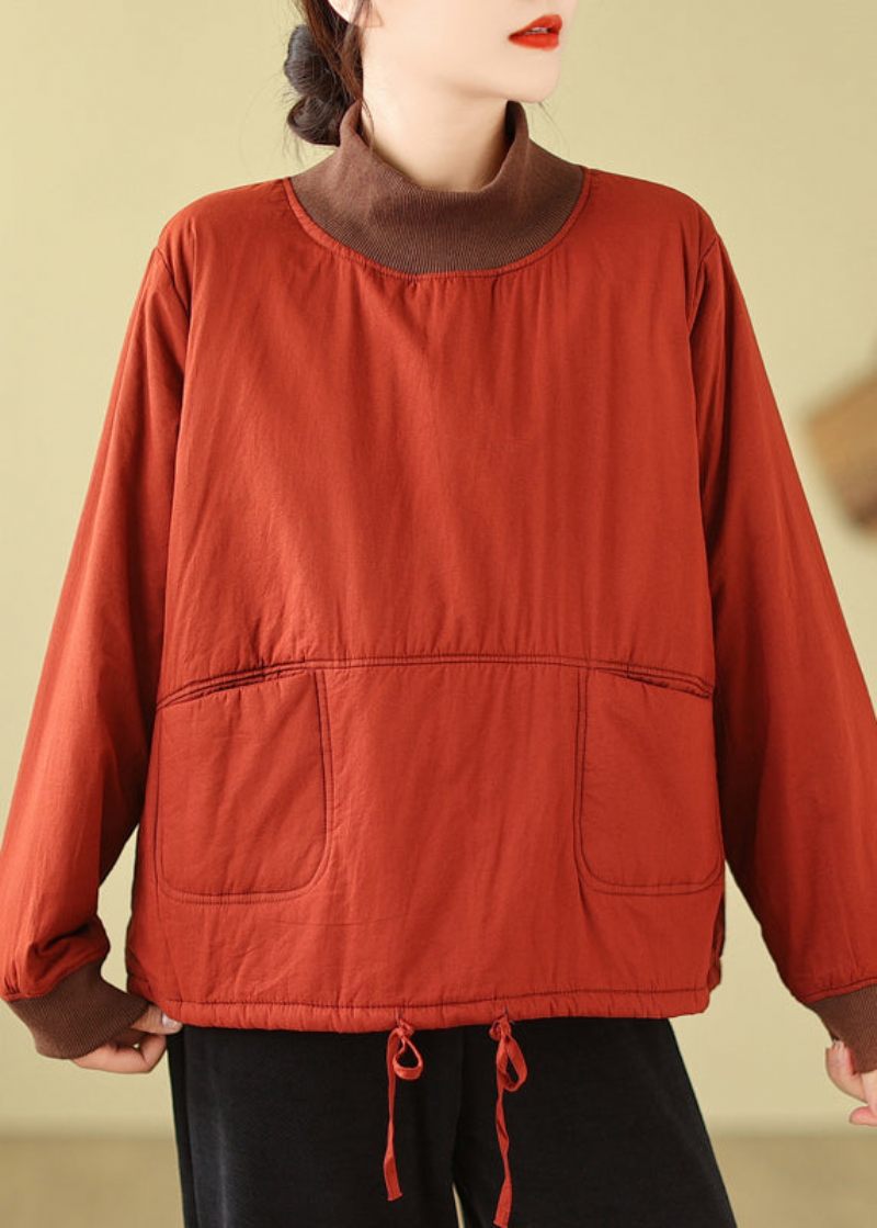 Orange Lommer Patchwork Fin Bomuldsfyldt Pullover Streetwear Vinter - Dame dunjakker