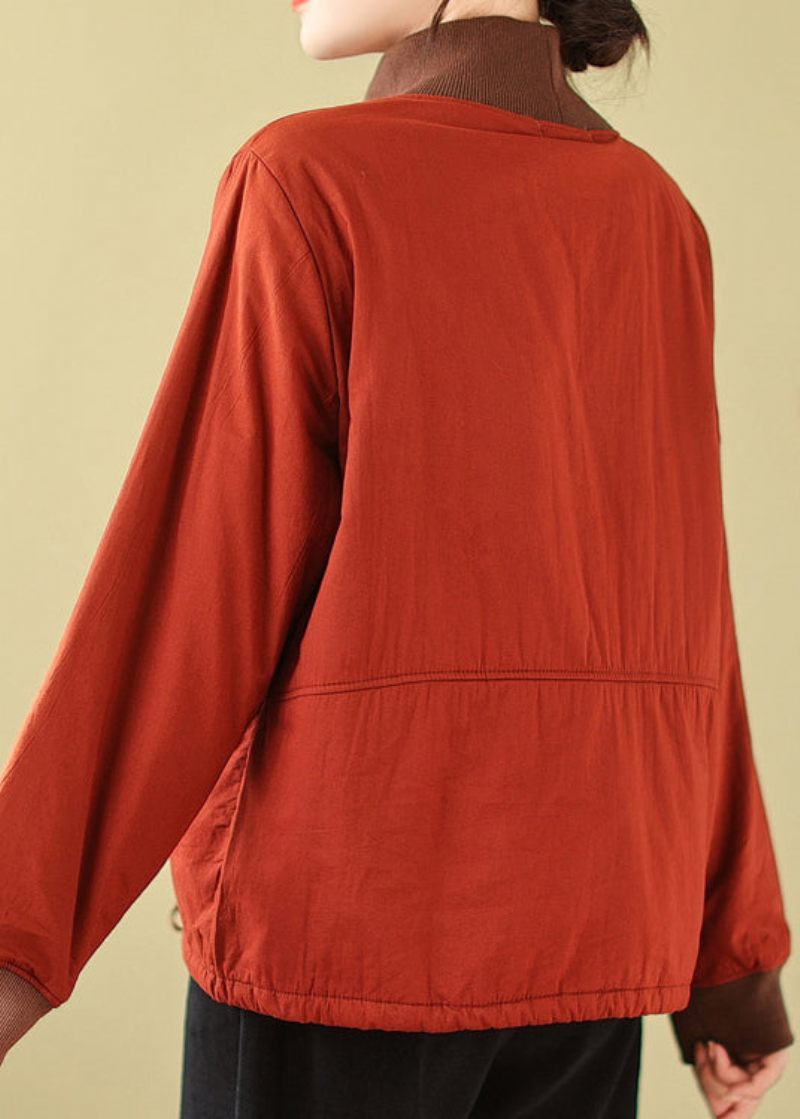 Orange Lommer Patchwork Fin Bomuldsfyldt Pullover Streetwear Vinter - Dame dunjakker