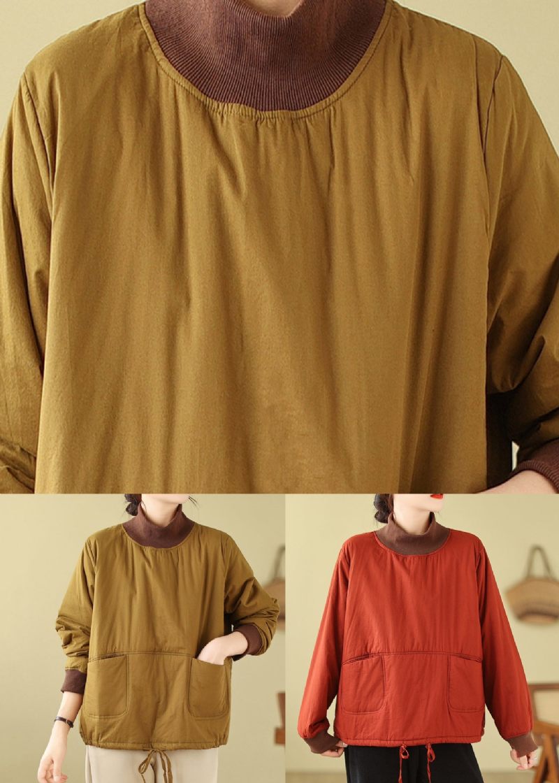 Orange Lommer Patchwork Fin Bomuldsfyldt Pullover Streetwear Vinter - Dame dunjakker