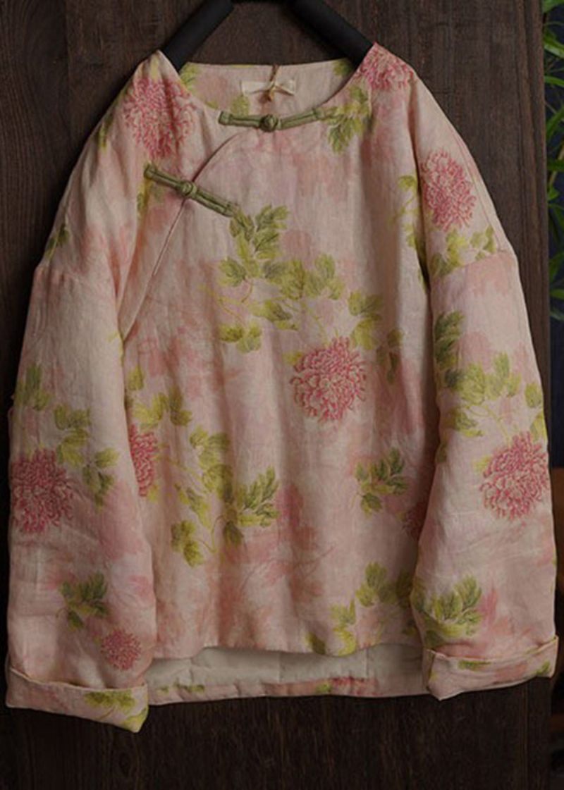 Orientalsk Beige O-hals Print Fine Bomuldsfyldte Frakker - Dame dunjakker