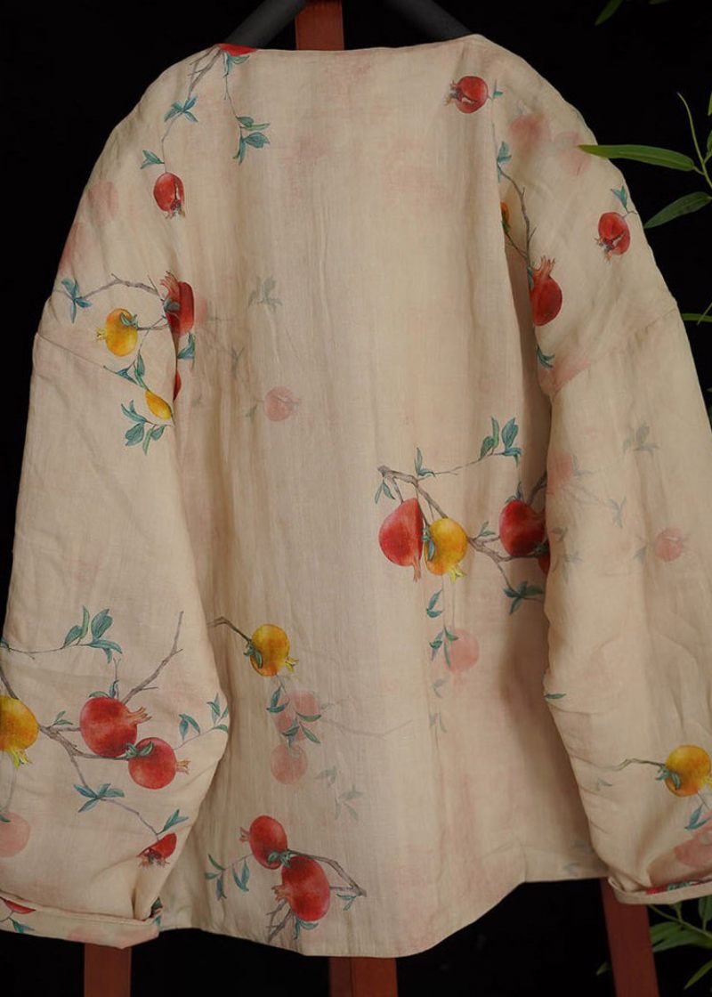 Orientalsk Beige O-hals Print Fine Bomuldsfyldte Frakker - Dame dunjakker