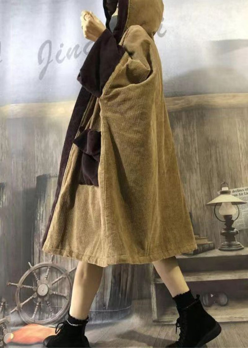 Plus Size Camel Hættelommer Patchwork Fløjlsjakke Varm Fleecefrakke Vinter - Dame dunjakker