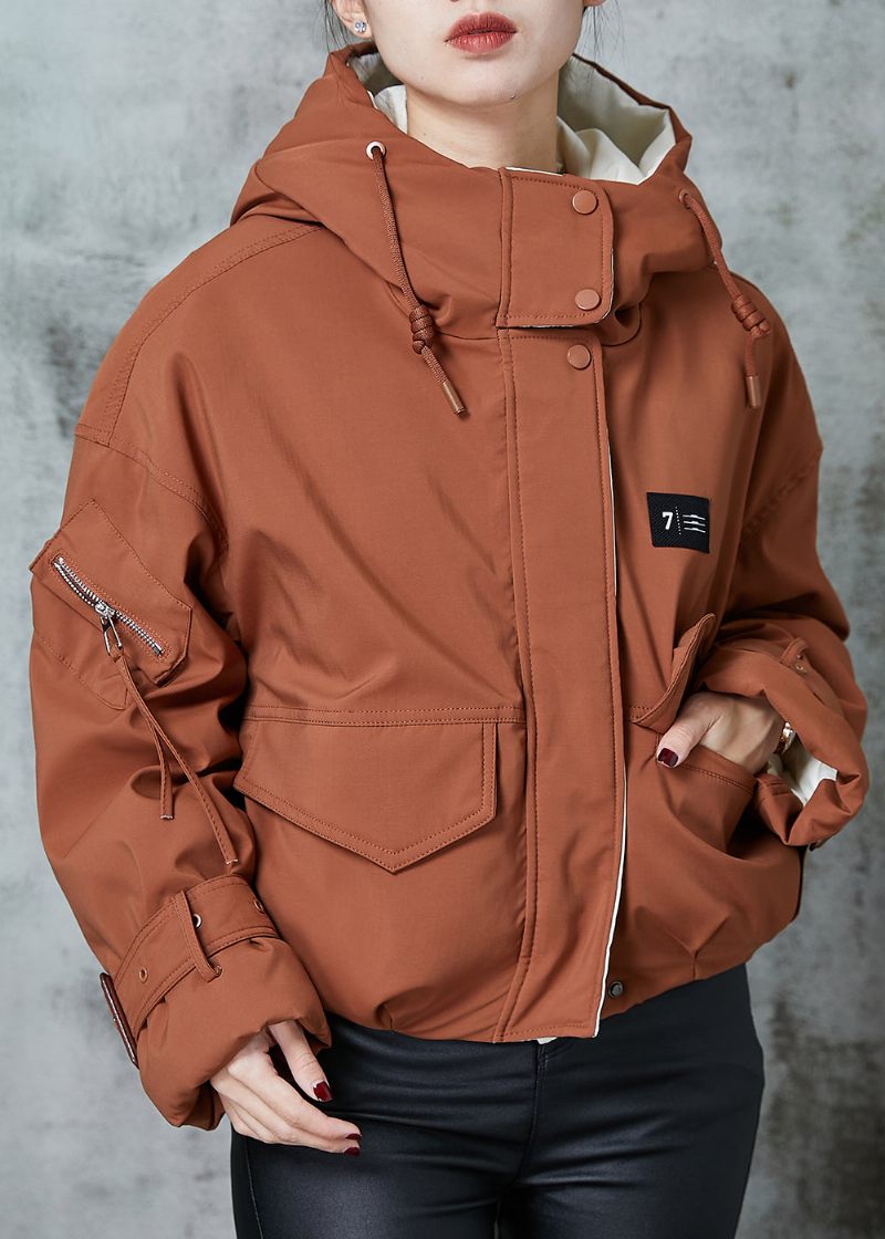 Plus Size Orange Hooded Lommer Duck Down Jacket Om Vinteren - Dame dunjakker