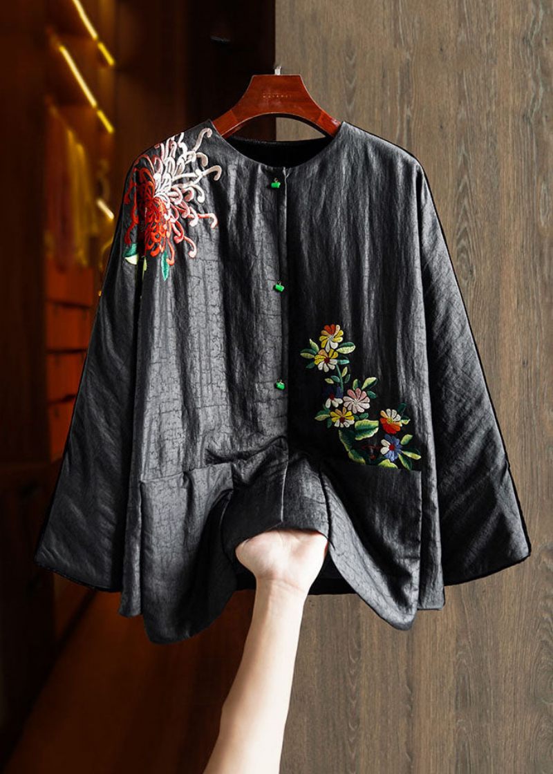 Plus Size Sort Print Blomsterknap Silke Velour Parka Vinter