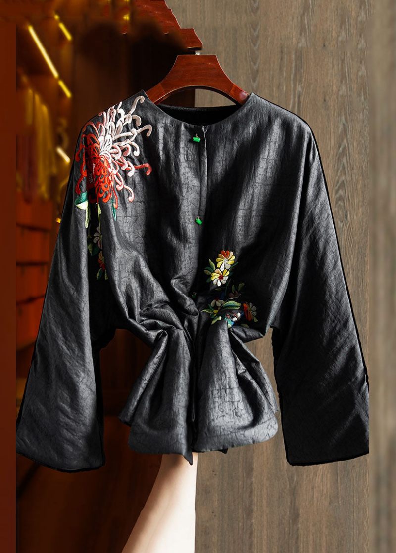 Plus Size Sort Print Blomsterknap Silke Velour Parka Vinter - Dame dunjakker