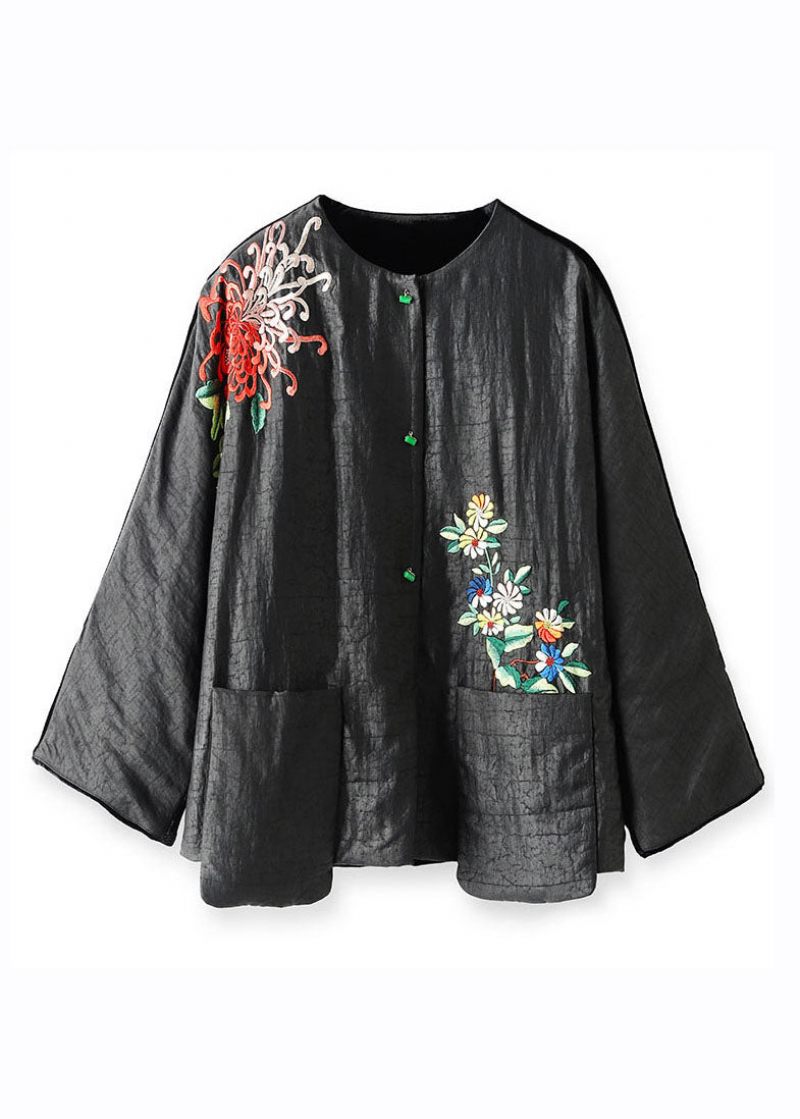 Plus Size Sort Print Blomsterknap Silke Velour Parka Vinter - Dame dunjakker