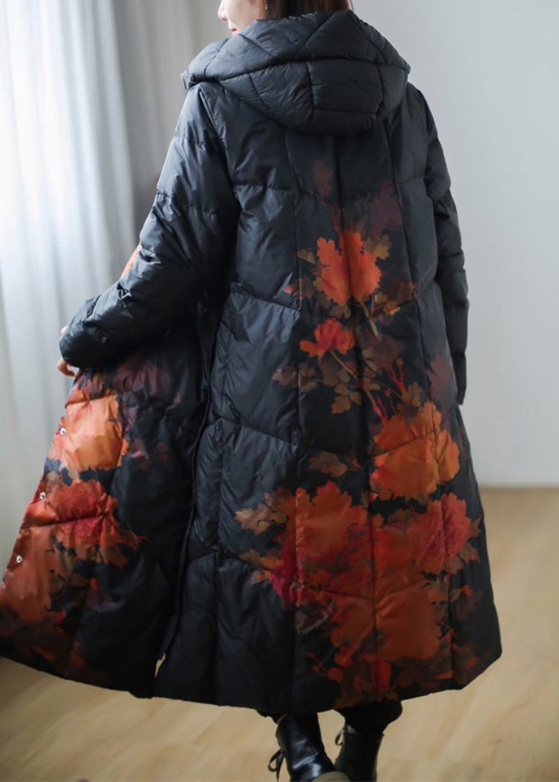 Plus Size Sort Print Varm Fleece Tyk Andedun Lang Dunfrakke Vinter - Sort